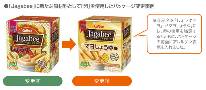 「Jagabee」に新たな原材料として「卵」を使用したパッケージ変更事例変更前変更後